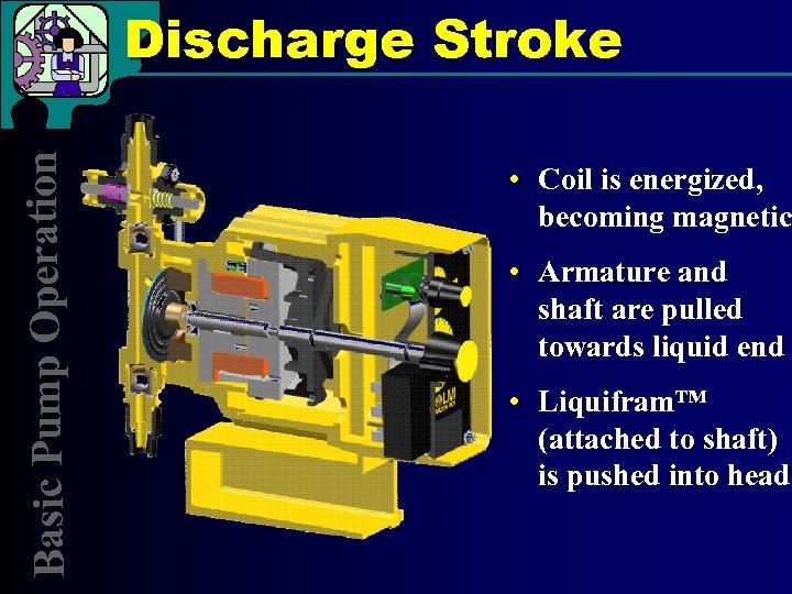 Basic Pump Operation Discharge Stroke • Coil is energized, becoming magnetic • Armature and