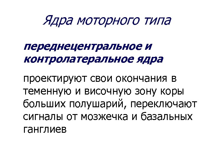 Ядра моторного типа переднецентральное и контролатеральное ядра проектируют свои окончания в теменную и височную