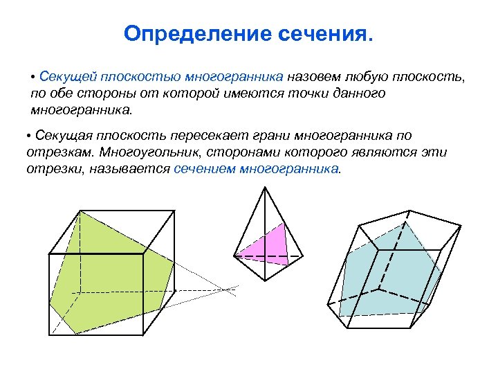 Определение сечения. • Секущей плоскостью многогранника назовем любую плоскость, по обе стороны от которой