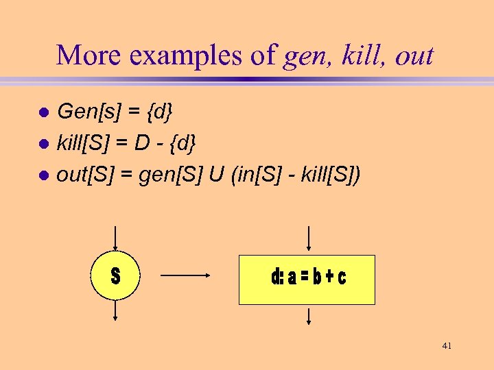 More examples of gen, kill, out Gen[s] = {d} l kill[S] = D -