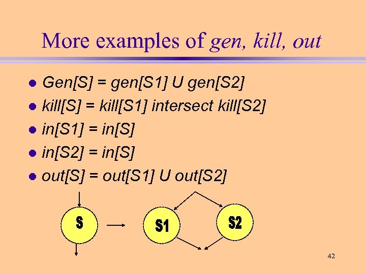 More examples of gen, kill, out Gen[S] = gen[S 1] U gen[S 2] l