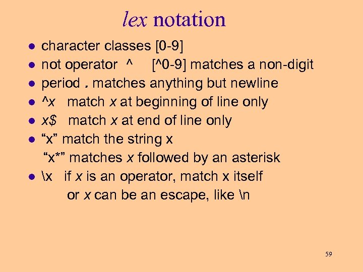 lex notation l l l l character classes [0 -9] not operator ^ [^0
