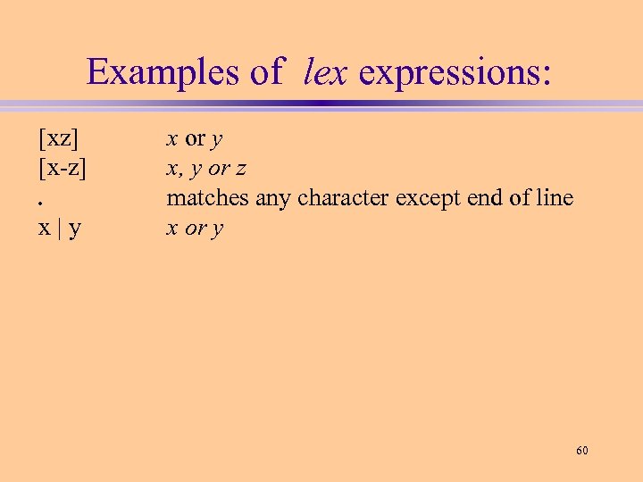 Examples of lex expressions: [xz] [x-z]. x | y x or y x, y