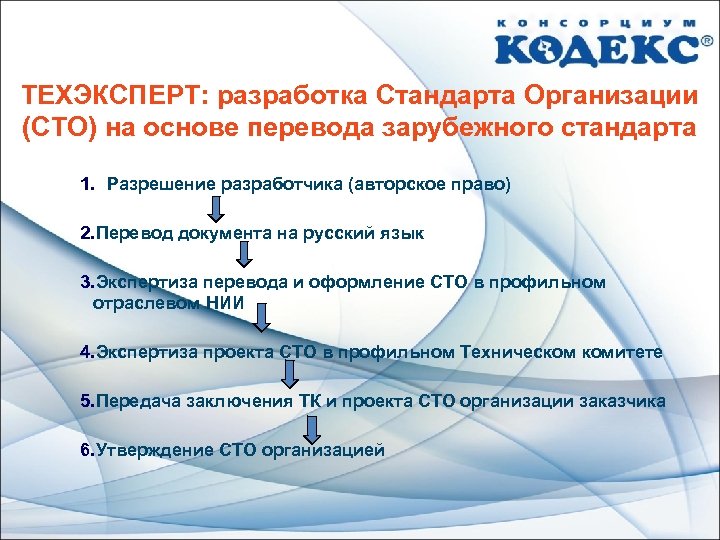 ТЕХЭКСПЕРТ: разработка Стандарта Организации (СТО) на основе перевода зарубежного стандарта 1. Разрешение разработчика (авторское