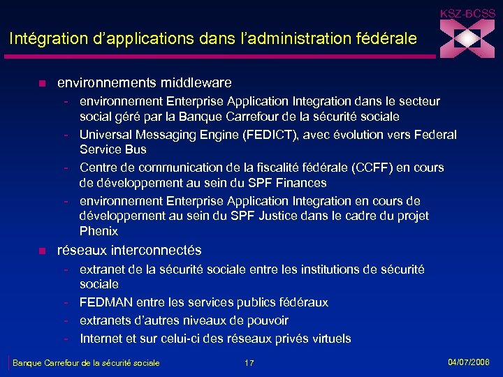 KSZ-BCSS Intégration d’applications dans l’administration fédérale n environnements middleware - environnement Enterprise Application Integration