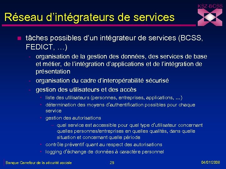 KSZ-BCSS Réseau d’intégrateurs de services n tâches possibles d’un intégrateur de services (BCSS, FEDICT,