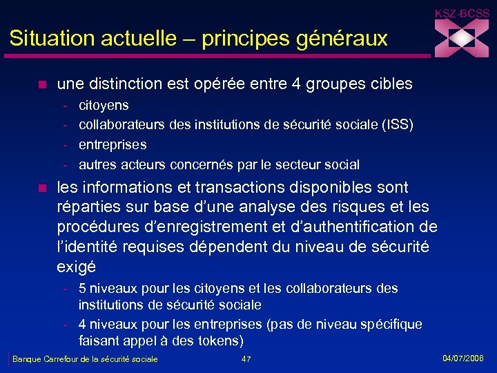 KSZ-BCSS Situation actuelle – principes généraux n une distinction est opérée entre 4 groupes