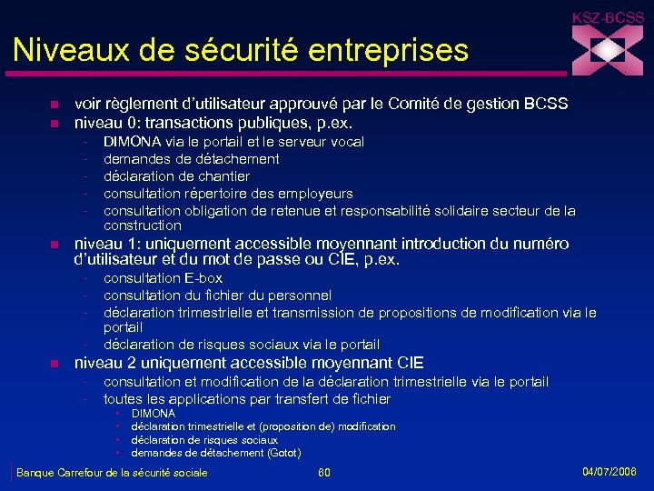 KSZ-BCSS Niveaux de sécurité entreprises n n voir règlement d’utilisateur approuvé par le Comité