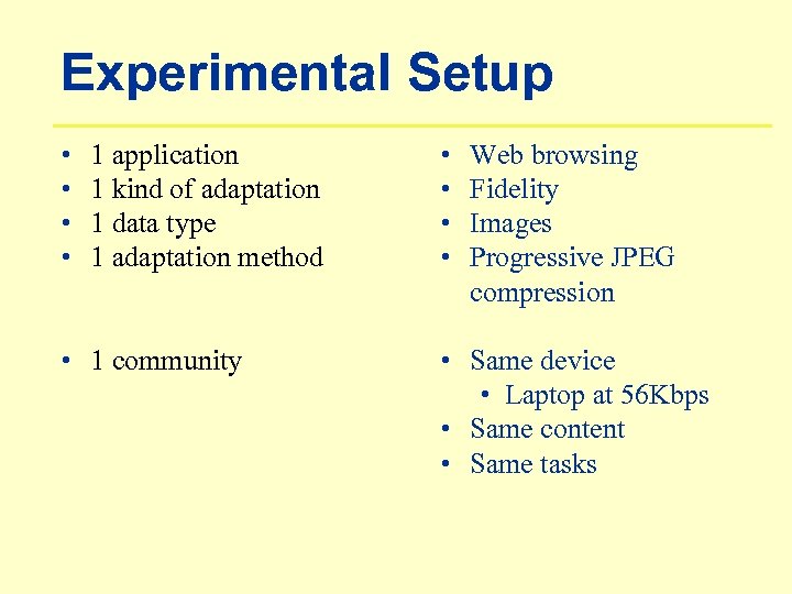 Experimental Setup • • 1 application 1 kind of adaptation 1 data type 1