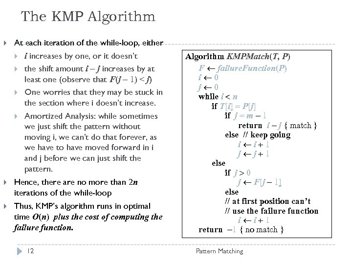 The KMP Algorithm At each iteration of the while-loop, either i increases by one,