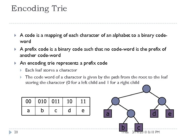 Encoding Trie A code is a mapping of each character of an alphabet to