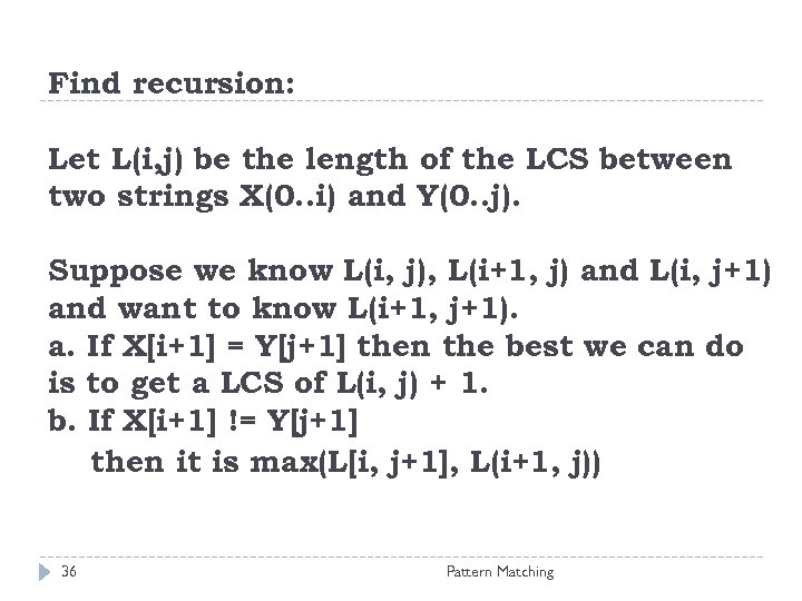 Find recursion: Let L(i, j) be the length of the LCS between two strings