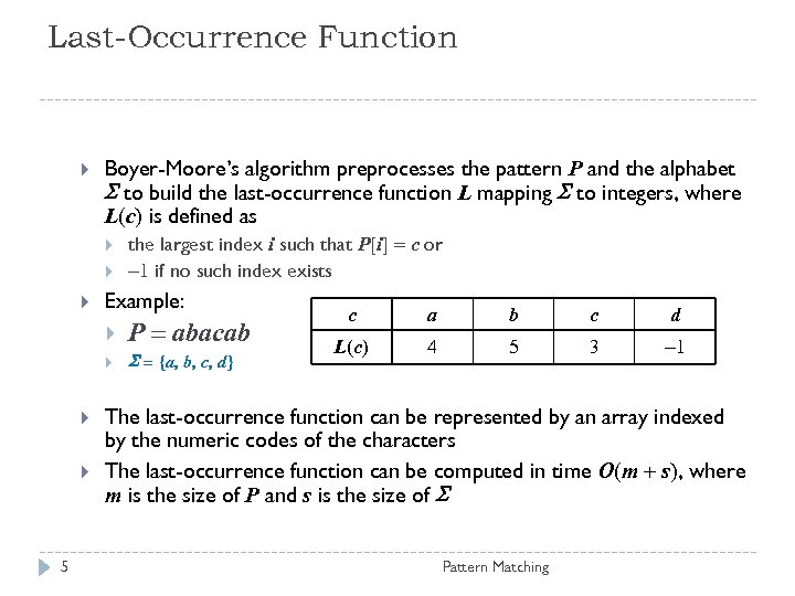 Last-Occurrence Function Boyer-Moore’s algorithm preprocesses the pattern P and the alphabet S to build