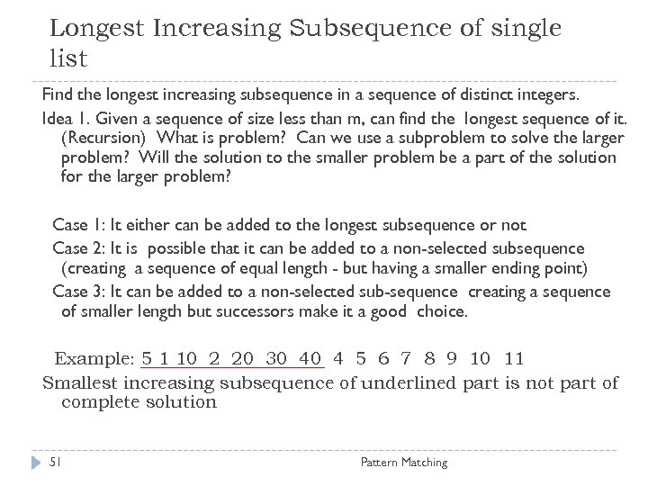 Longest Increasing Subsequence of single list Find the longest increasing subsequence in a sequence