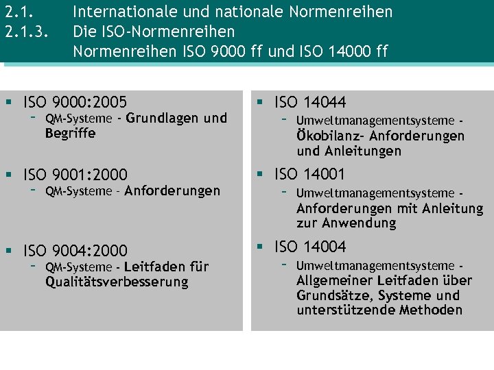 2. 1. 3. Internationale und nationale Normenreihen Die ISO-Normenreihen ISO 9000 ff und ISO