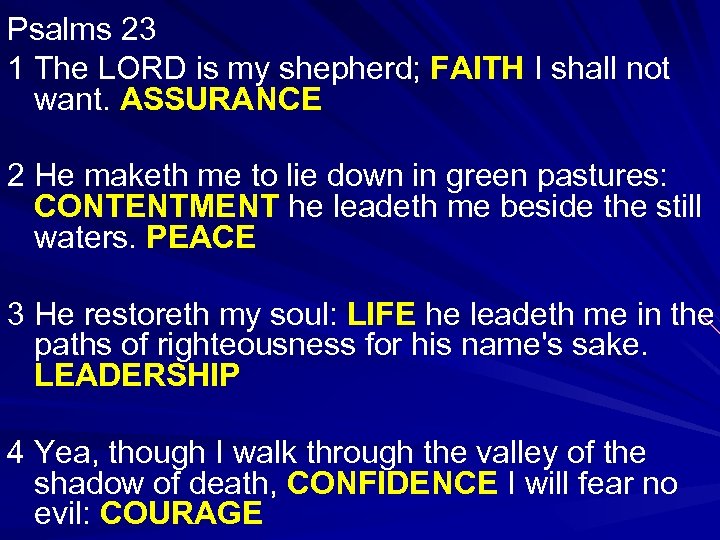 Psalms 23 1 The LORD is my shepherd; FAITH I shall not want. ASSURANCE