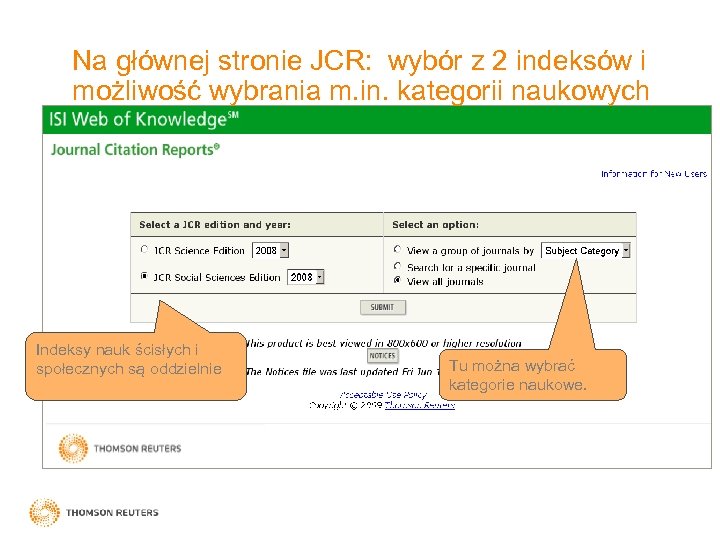 Na głównej stronie JCR: wybór z 2 indeksów i możliwość wybrania m. in. kategorii