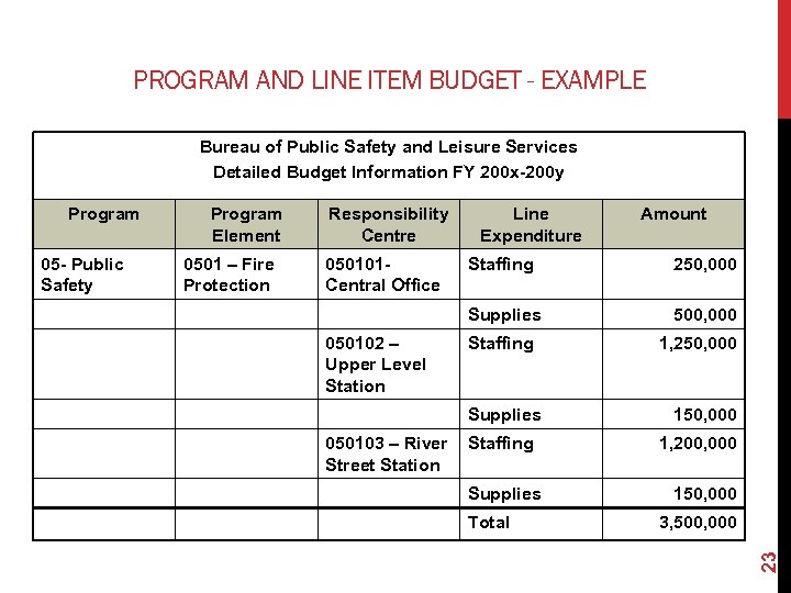 PROGRAM AND LINE ITEM BUDGET - EXAMPLE Bureau of Public Safety and Leisure Services