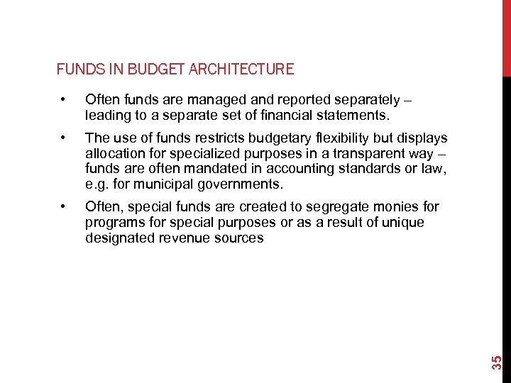 FUNDS IN BUDGET ARCHITECTURE Often funds are managed and reported separately – leading to