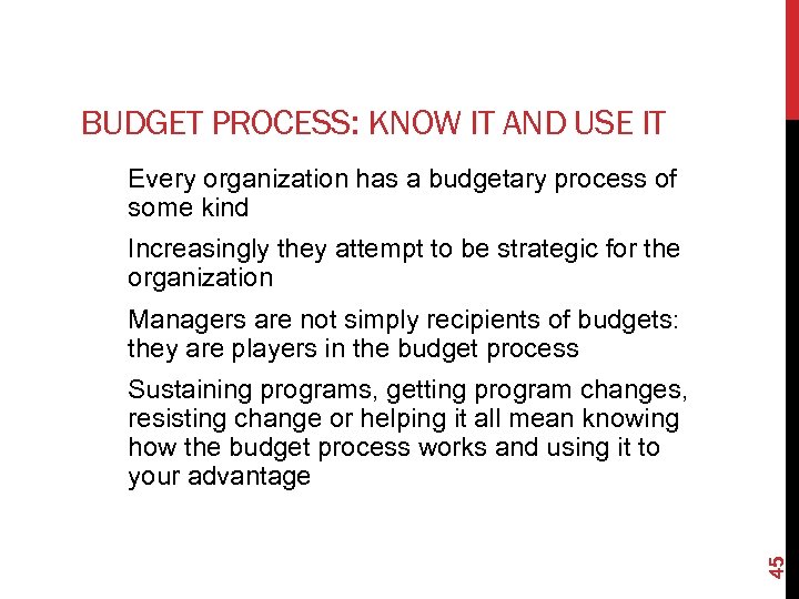 BUDGET PROCESS: KNOW IT AND USE IT Every organization has a budgetary process of