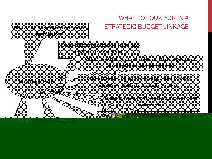 WHAT TO LOOK FOR IN A STRATEGIC BUDGET LINKAGE Does this organization know its