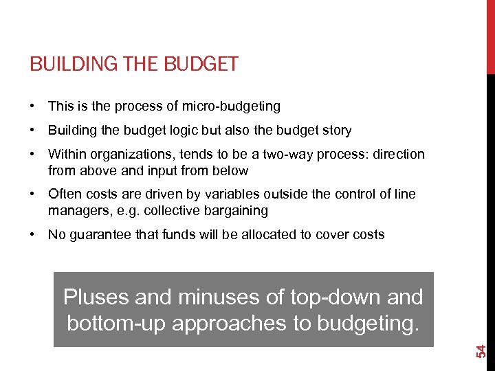 BUILDING THE BUDGET • This is the process of micro-budgeting • Building the budget