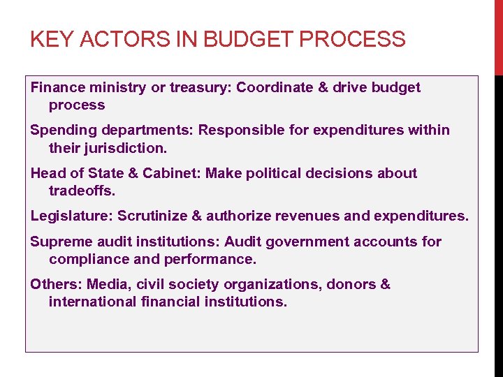 KEY ACTORS IN BUDGET PROCESS Finance ministry or treasury: Coordinate & drive budget process