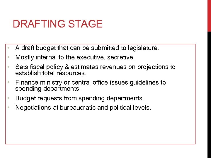 DRAFTING STAGE • A draft budget that can be submitted to legislature. • Mostly