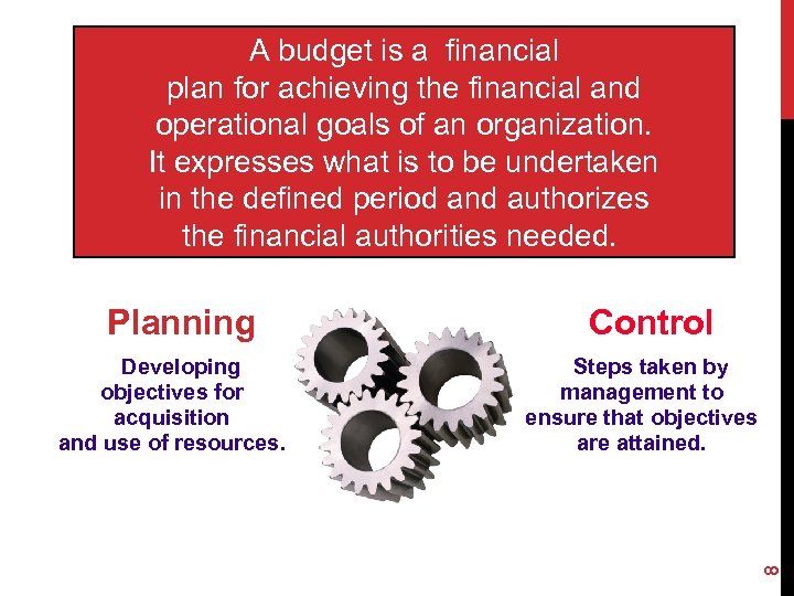 A budget is a financial plan for achieving the financial and operational goals of