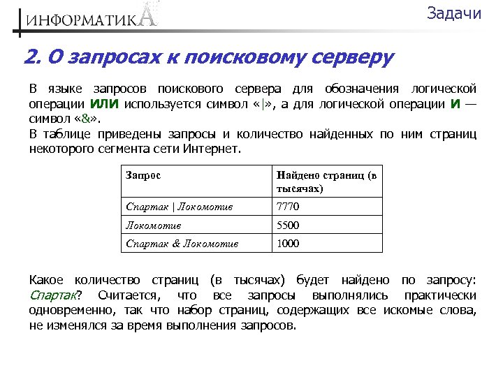 Операция и в поисковом запросе. Задачи с запросами по информатике. Задачи по информатике с поисковым запросом. Поисковые запросы задачи. Задачи на поисковый сервер.