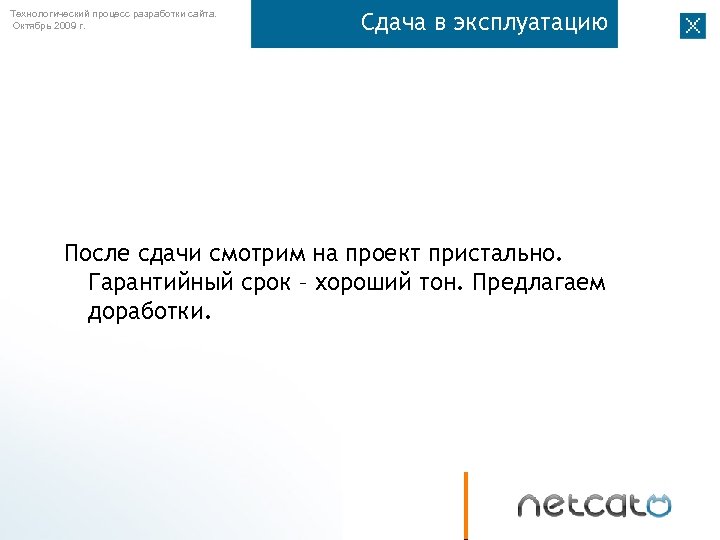 Технологический процесс разработки сайта. Октябрь 2009 г. Сдача в эксплуатацию После сдачи смотрим на