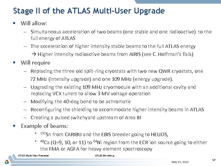 Stage II of the ATLAS Multi-User Upgrade § Will allow: – Simultaneous acceleration of