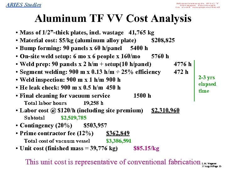 ARIES Studies Aluminum TF VV Cost Analysis • • • Mass of 1/2”-thick plates,