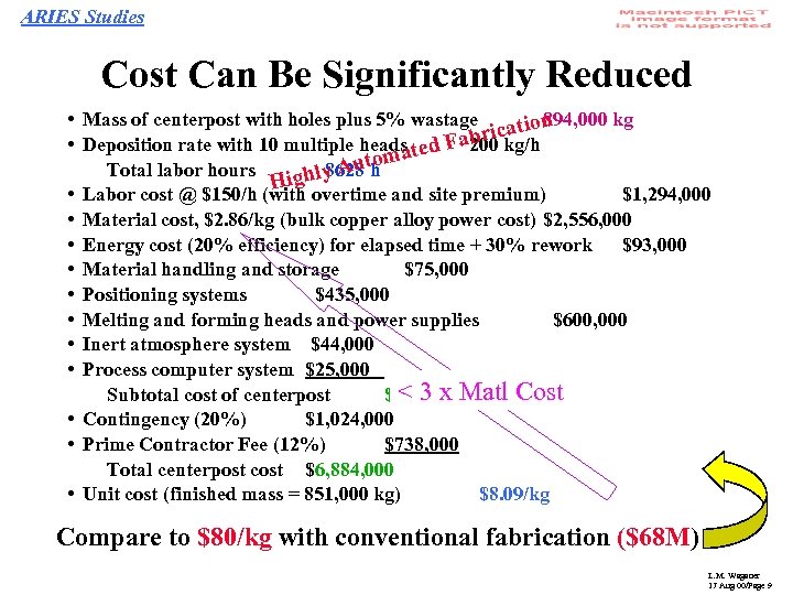 ARIES Studies Cost Can Be Significantly Reduced • Mass of centerpost with holes plus