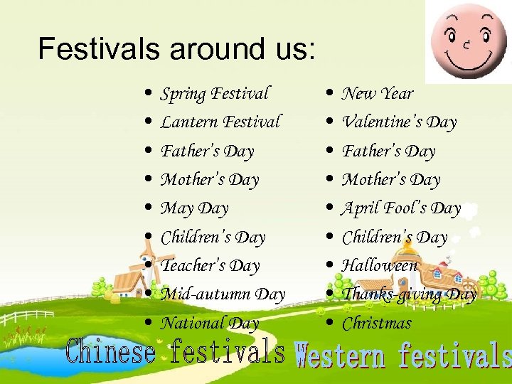 Festivals around us: • • • Spring Festival Lantern Festival Father’s Day Mother’s Day