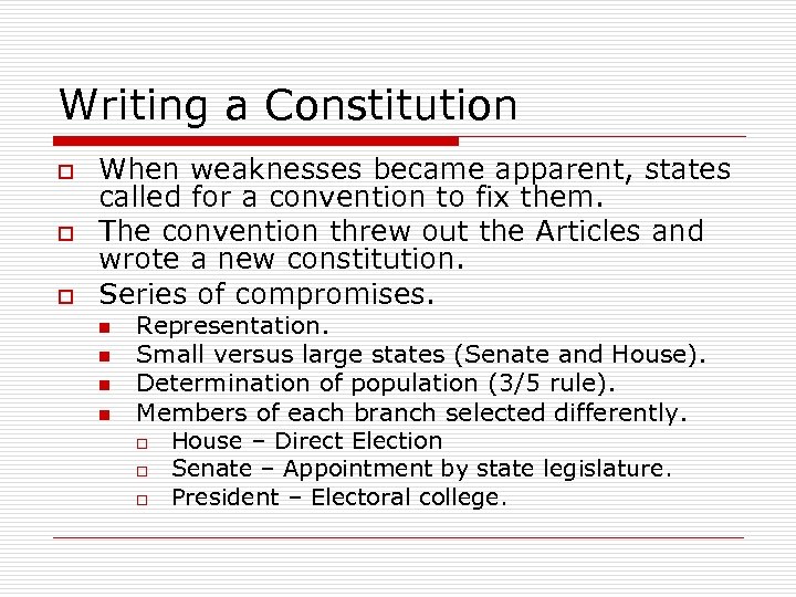 Writing a Constitution o o o When weaknesses became apparent, states called for a