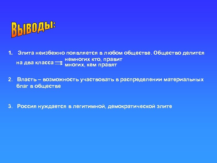 1. Элита неизбежно появляется в любом обществе. Общество делится немногих кто, правит на два