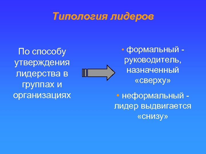 Типология лидеров По способу утверждения лидерства в группах и организациях • формальный - руководитель,