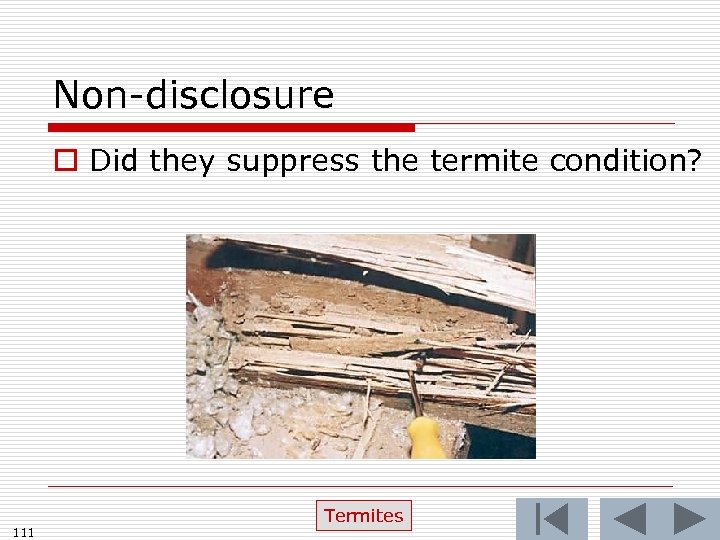 Non-disclosure o Did they suppress the termite condition? 111 Termites 