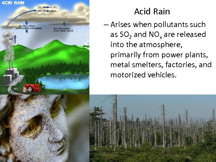 Acid Rain – Arises when pollutants such as SO 2 and NOx are released