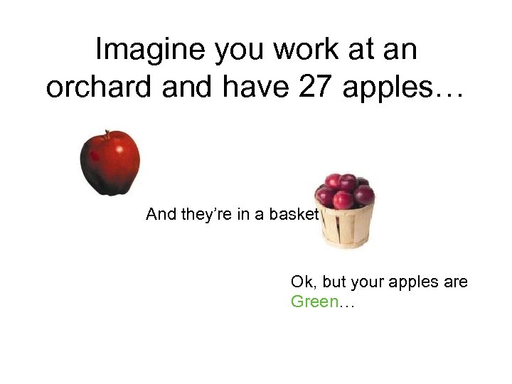 Imagine you work at an orchard and have 27 apples… And they’re in a