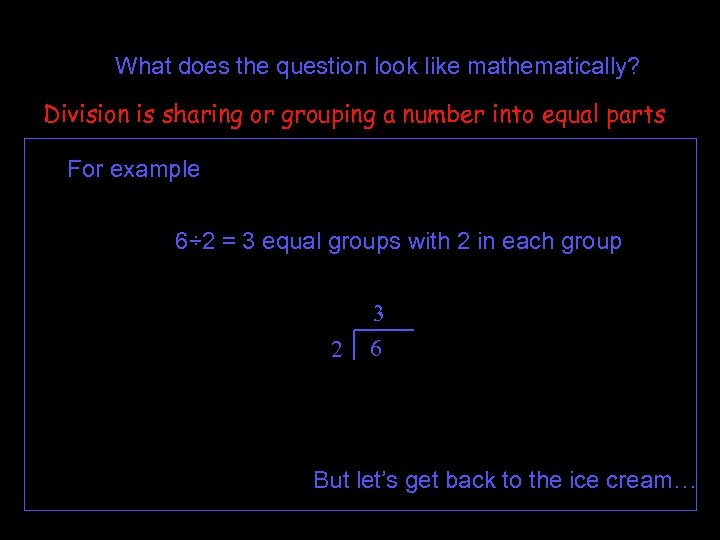 What does the question look like mathematically? Division is sharing or grouping a number