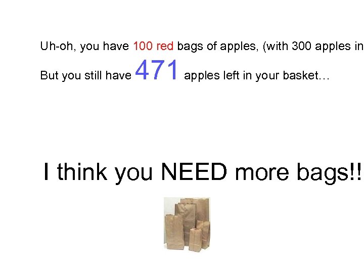 Uh-oh, you have 100 red bags of apples, (with 300 apples in But you