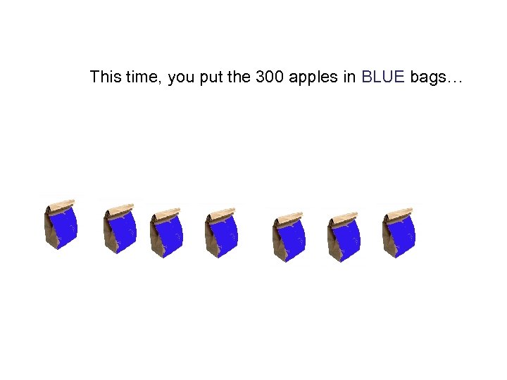 This time, you put the 300 apples in BLUE bags… 