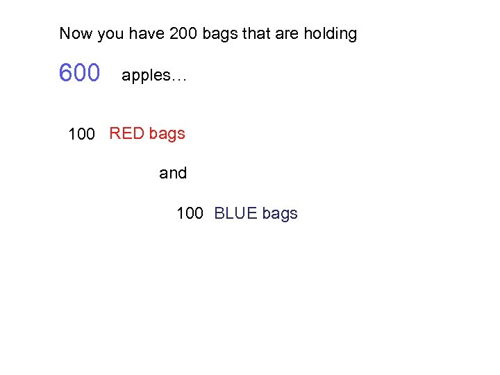 Now you have 200 bags that are holding 600 apples… 100 RED bags and