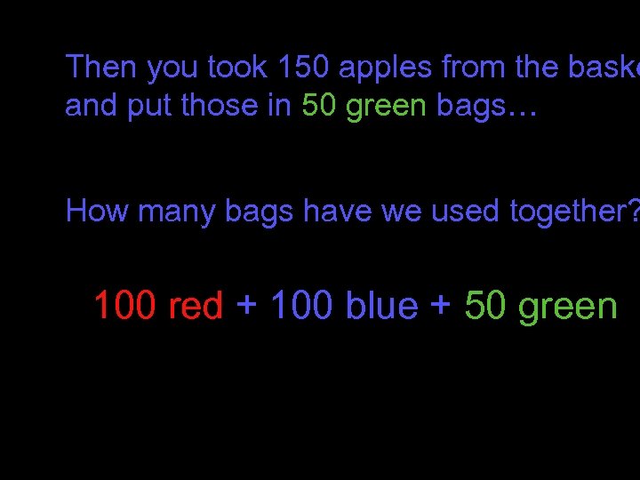 Then you took 150 apples from the baske and put those in 50 green