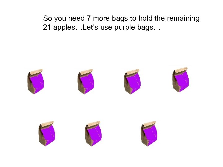 So you need 7 more bags to hold the remaining 21 apples…Let’s use purple
