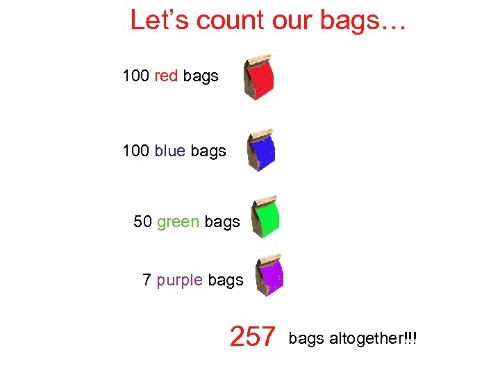 Let’s count our bags… 100 red bags 100 blue bags 50 green bags 7