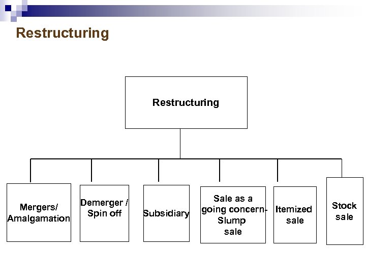 Restructuring Mergers/ Amalgamation Demerger / Spin off Subsidiary Sale as a going concern- Itemized