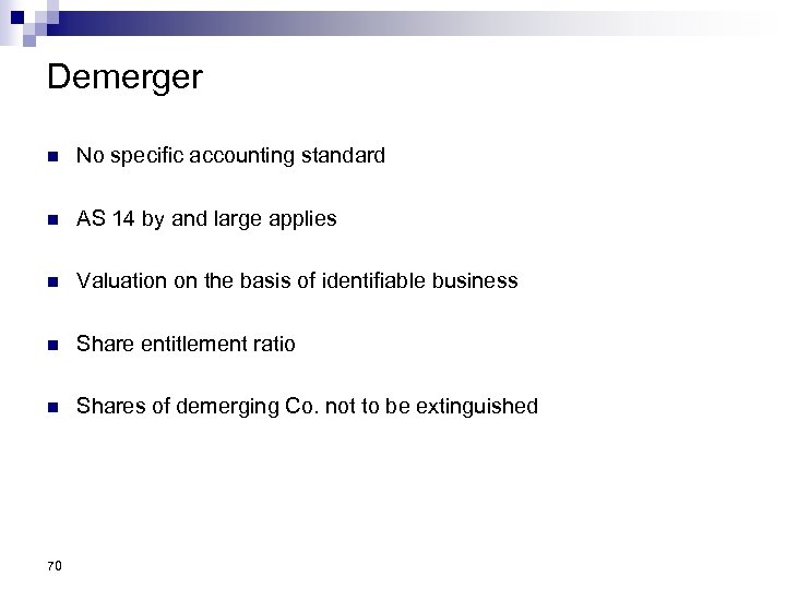 Demerger n No specific accounting standard n AS 14 by and large applies n